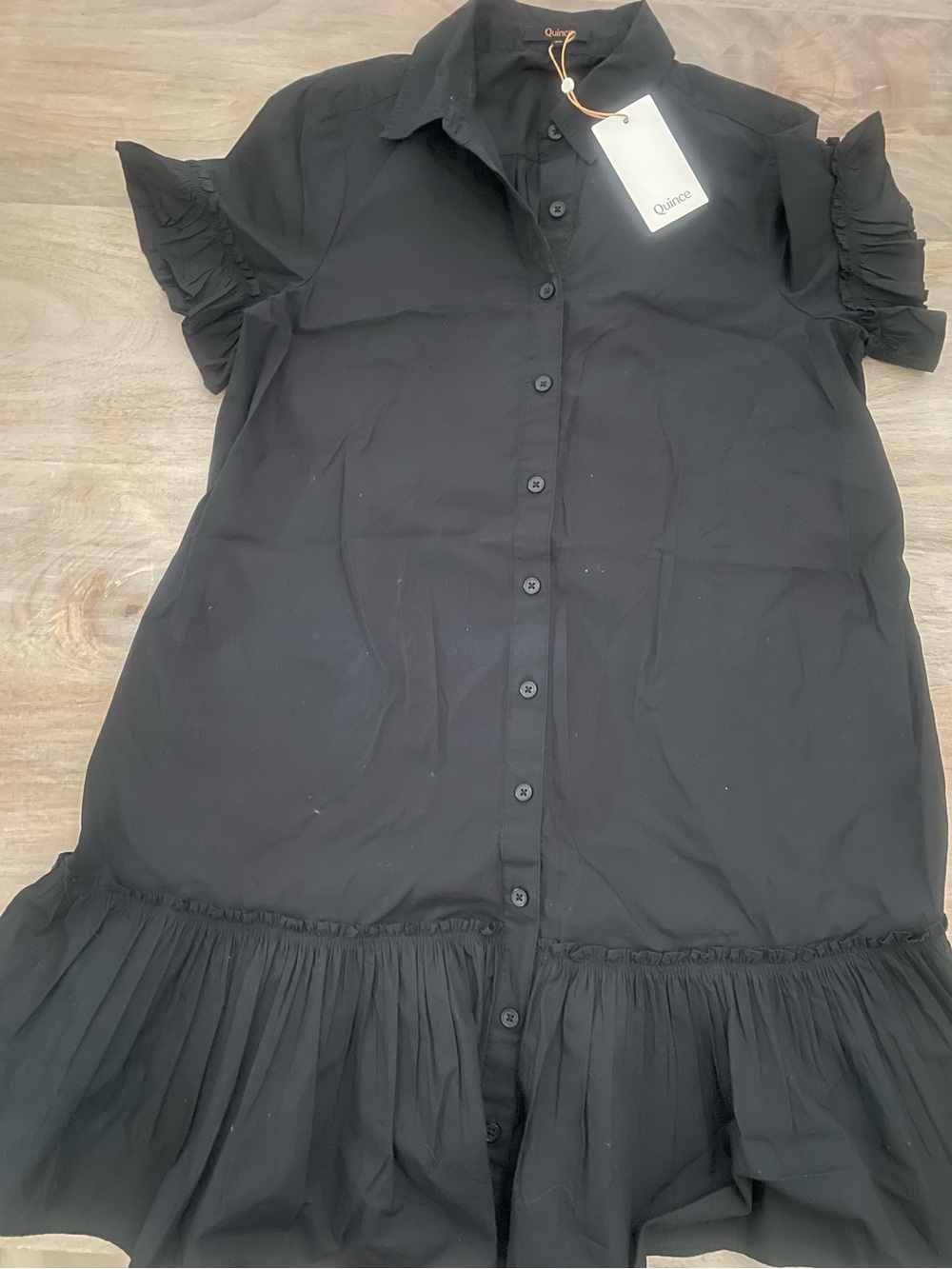 Quince Black Ruffle-Sleeve Button-Down Dress with Flounce Hem